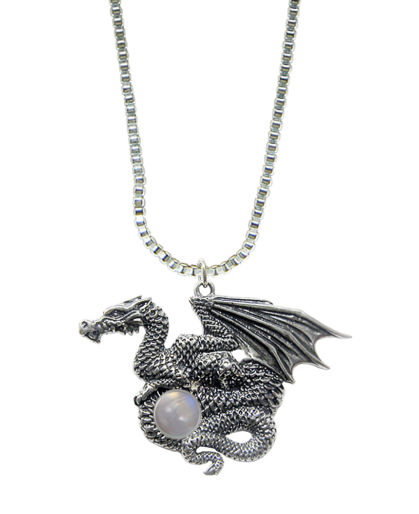 Sterling Silver Dragon of Many Treasures Pendant With Rainbow Moonstone
